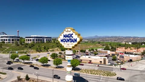 Aerial Six Flags California Magic Mountain, Hurricane Harbor new sign and logo. Stock Footage 306021974