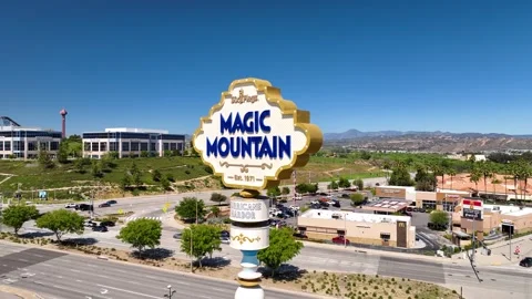 Aerial Six Flags California Magic Mountain, Hurricane Harbor new sign and logo. Stock Footage 306021994