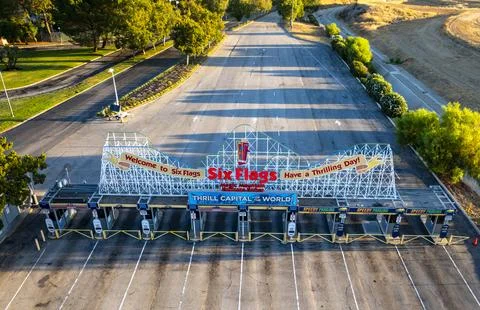 Aerial Six Flags Magic Mountain amusement park entrance, rollercoasters, rides Stock Photos