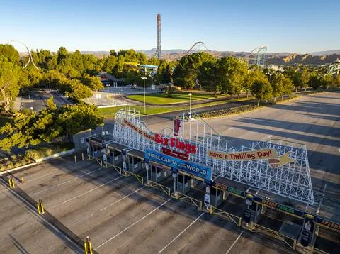 Aerial Six Flags Magic Mountain amusement park entrance, rollercoasters, rides Stock Photos