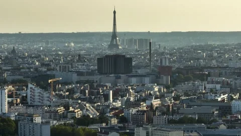 Aerial sky view of eiffel tower and bichat hospital at sunset in Paris Stock Footage 252571589