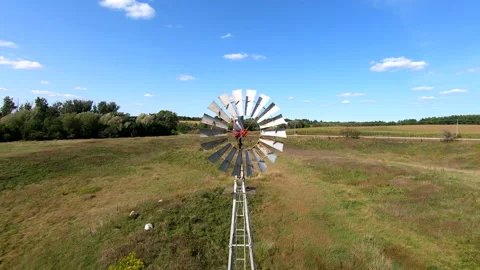 Aerial Sky Windmill Wind Pump Rural Agriculture Landscape Energy Pump Close Up Stock Footage 149461839