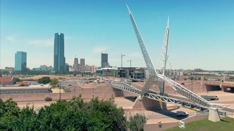 Aerial: Skydance Bridge crossing the Interstate Feeway, Oklahoma City, USA Stock Footage 130443226