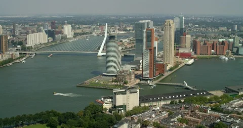 Aerial of the skyline and the center of Rotterdam Stock Footage
