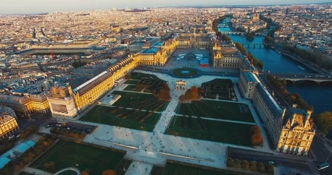 Aerial skyline of the Louvre, Paris, France. Stock Footage