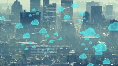 Aerial skyline showing tech data causing cyan cloud icons growing linking Stock Footage 332955936