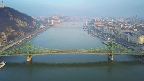Aerial skyline view about drone flying over of Liberty Bridge at sunrise Stock Footage 85703415