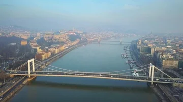 Aerial skyline view about drone flying over of Elisabeth Bridge at sunrise Stock Footage 85703511