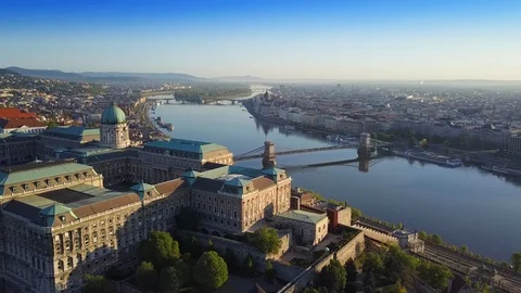Aerial skyline view of Budapest with Buda Castle and Szechenyi Chain Bridge Stock Footage 88908749