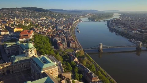 Aerial skyline view of Budapest with Buda Castle Royal Palace in the morning Stock Footage 88908798