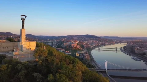 Aerial skyline view of Budapest with Statue of Liberty and Buda Castle Stock Footage 88908440