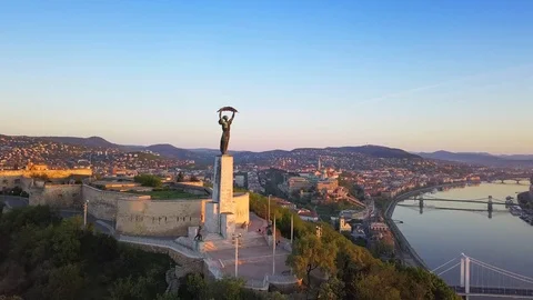 Aerial skyline view of Budapest with Statue of Liberty and Buda Castle Stock Footage 88908571