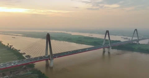 Aerial skyline view of Nhat Tan bridge in Hanoi city, Vietnam. Stock Footage 342368393