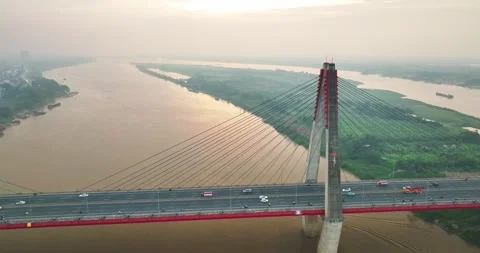 Aerial skyline view of Nhat Tan bridge in Hanoi city, Vietnam. Stock Footage 342368406