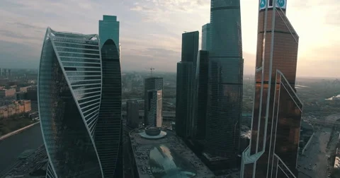 Aerial Skyscrapers of Moscow city. Air dolly out view Stock Footage