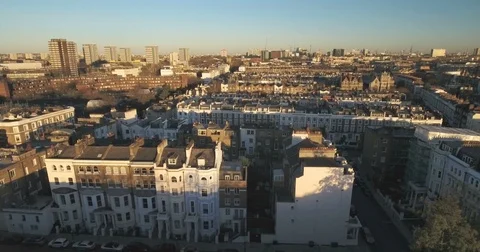 Aerial sliding view of the district of Notting Hill in London Stock Footage 71159253