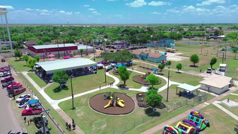 Aerial Slow Motion of Fourth of July Celebration at La Villa Texas Stock Footage 341696885
