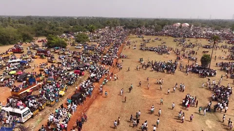 Aerial Slow Motion View of Catching Bull at Siravayal Manjuvirattu Festival Video stock 330577817
