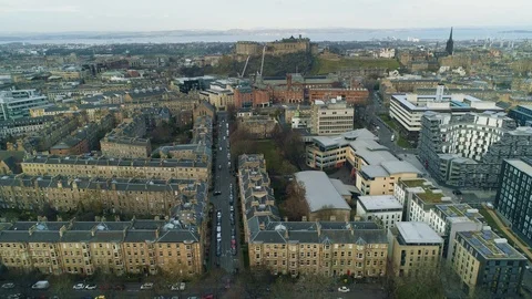 Aerial slow pan up looking toward Edinburgh Castle, drone aerial 4K Stock Footage 101222113