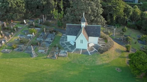 Aerial: Small colonial church set on a hill Video stock 147362018