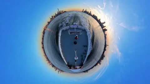Aerial small planet effect of ferry boat on Hudson River at dusk with New York 動画素材 305041736