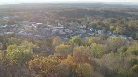 Aerial of Small Rural Town in Columbia County New York during Autumn Stockbeeldmateriaal 166328248
