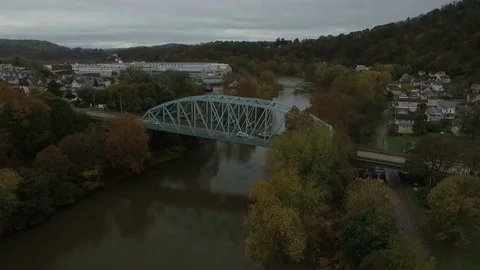 Aerial Small Town Bridge River with Industrial Stock Footage 82733384