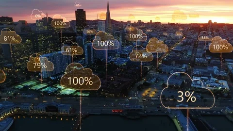 Aerial smart city with cloud computing icons. San Francisco skyline. Stock Footage 92847302