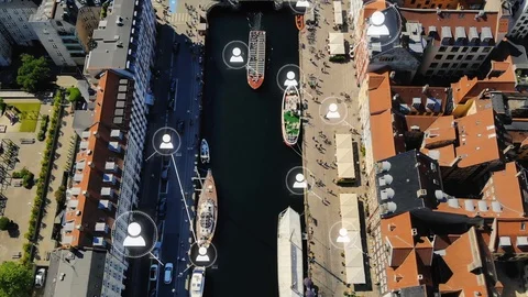 Aerial Smart City, Shared Network Communication Among Commuters, Copenhagen Stock Footage 125868989