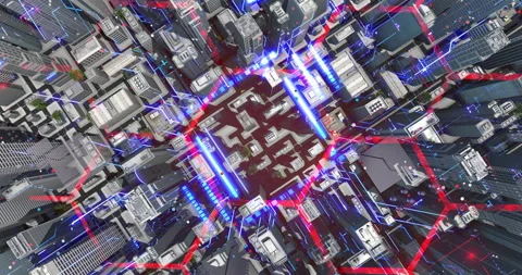 Aerial smart metropolis with wireless hexagon shaped network system. Stock Footage 328120460