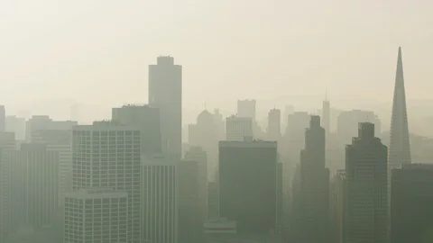 Aerial smoke pollution started by Camp Fire wildfire Stock Footage 99884546