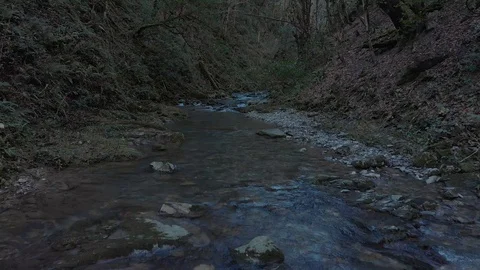 Aerial smooth low fly above mountain creek in forest. Autumn Video stock 101708136