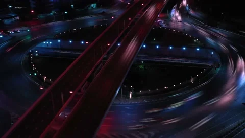Aerial smooth-timelapse lowlight traffic at night Stock Footage 210946482