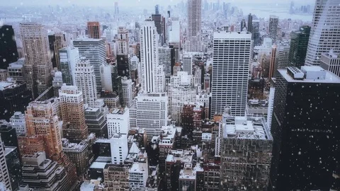 Aerial Snow Falling on City Stock Footage