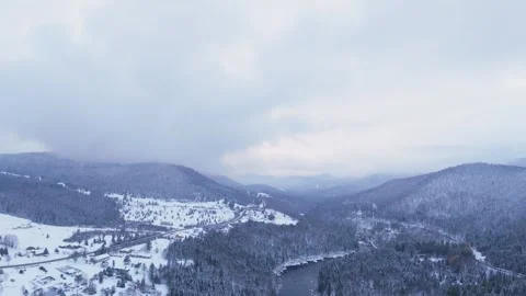 Aerial snowy forest river Stock Footage 321102110