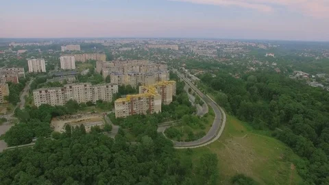 Aerial socialist soviet panel buildings at summer Stock Footage