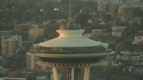 Aerial of Space Needle and crowded cityscape Stock Footage 99829299