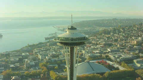 Aerial of Space Needle tower and crowded cityscape Stock Footage 99817455