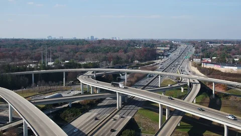 Aerial of "Spaghetti Junction" I-85 &amp; I-285 in Atlanta, Moving Forward - Fall Video stock 89877198