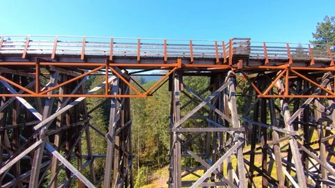 Aerial Special Drone Fly Through View Wooden Trestle Timber Architecture Forest Stock Footage 106204447