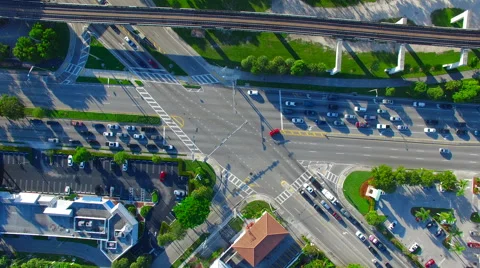AERIAL - Spining at an intersection Stock Footage 66481443