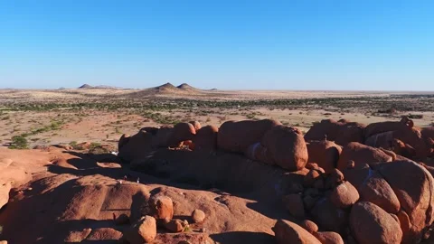 Aerial Spitzkoppe granite domes in Erongo, Namibia with 4x4s Stockbeeldmateriaal 341420989