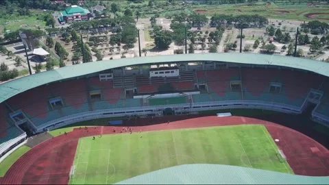 Aerial Splendor: Drone's Eye View of Pakansari Stadium's Breathtaking Scenery Stockbeeldmateriaal 243830782