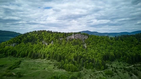 Aerial spring hyperlapse rotating around forested Carpathian hill under cloudy Stock-Footage 309293582