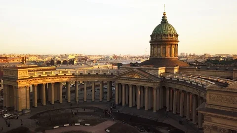 Aerial spring sunset panorama view of Saint Petersburg Kazan Cathedral Stock Footage 107782318