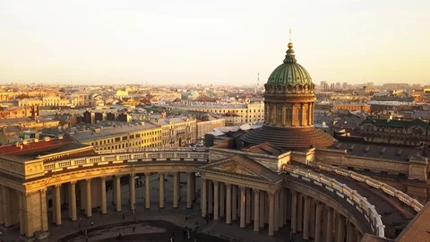 Aerial spring sunset panorama view of Saint Petersburg Kazan Cathedral rooftops Stock Footage 107782646