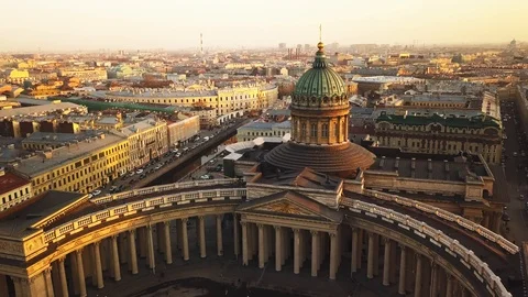 Aerial spring sunset panorama view of Saint Petersburg Kazan Cathedral Stock Footage 107782883