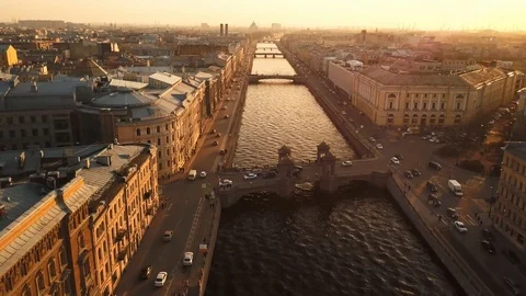 Aerial spring sunset panorama view of Fontanka river Lomonosov bridge square Stock Footage 109512088