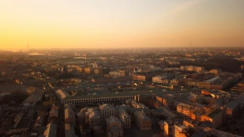 Aerial spring sunset view of center of Saint Petersburg roofs rooftops famous Stock Footage 109511780