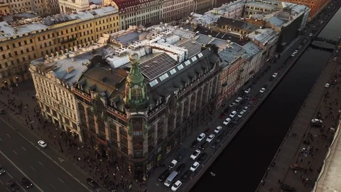 Aerial spring sunset view of Saint Petersburg Nevsky prospect Singer House Stock Footage 107782381